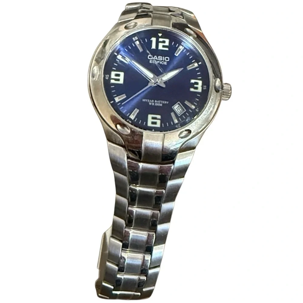 Casio Edifice Stainless Steel Silver Watch Blue Dial face sporty designer